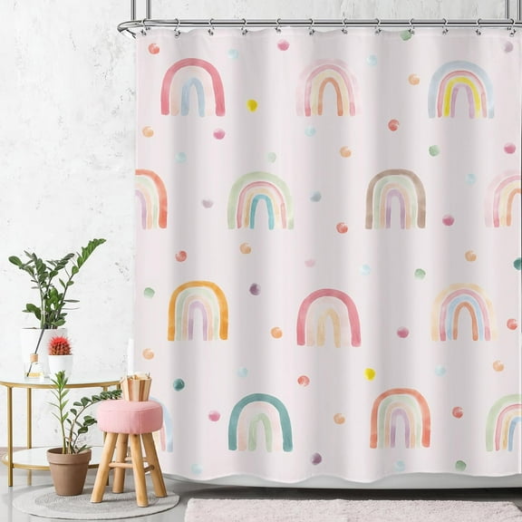 Girls Boho Rainbow Shower Curtain 72Wx72L Inch Kids Pink Polka Dots Cartoon Cute Watercolor Aesthetic Colorful Shower Curtain Bathroom Set Pretty Bath Curtain Bathtub Accessories Home Decor