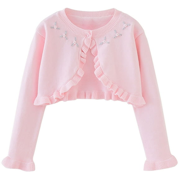 Girls Bolero Cardigan One-button Ruffle Open Front Cotton Knit Crop Shrug Jacket Toddler Kids Fall Spring Clothes (4 Years, Pink)