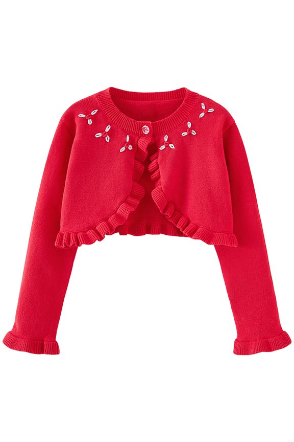 Girls Bolero Cardigan One-button Ruffle Open Front Cotton Knit Crop Shrug Jacket Toddler Kids Fall Spring Clothes (6 Years, Red)