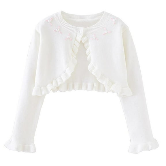 Girls Bolero Cardigan Sweater Toddler Kids Long Sleeve Button Knit Ruffle Shrug Cropped Sweaters Tops (1-2 Years, White)
