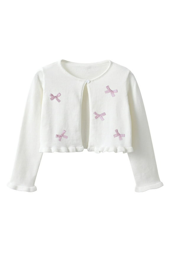 Girls Bolero Shrug Cardigan Sweaters with Bows Long Sleeve One-button Knit Cardigans Soft Dress Cover Ups (13 Years, White)