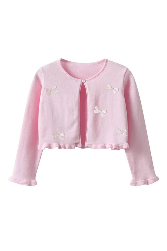 Girls Bolero Shrug Cardigan Sweaters with Bows Long Sleeve One-button Knit Cardigans Soft Dress Cover Ups (5 Years, Pink)