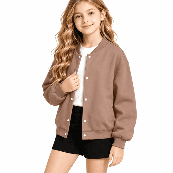 Girls Bomber Jacket, Snap Button Sweatshirt Jackets Lightweight, Kids Long Sleeve Casual Varsity Coat with Pockets, BrownSize 8-9