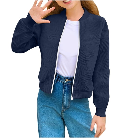 Girls Bomber Jacket Zip Up Casual Loose Textured Jackets Lightweight Trendy Coat Fall Outerwear with Pockets