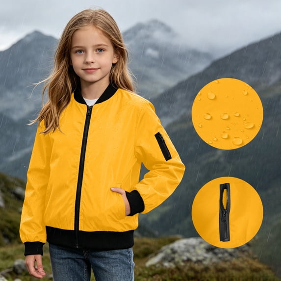 Girls Bomber Jacket Zip‑Up Lightweight Windbreaker Outerwear for Daily Outdoor Use Yellow 11-12 Years