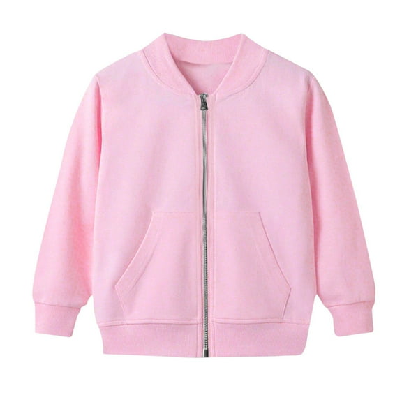 Girls' Bomber Jackets with Pockets Comfy Full Zip Up Sweater Cardigans Solid Color Casual Coat Outwear 5-15 Years (5 Years, Pink)
