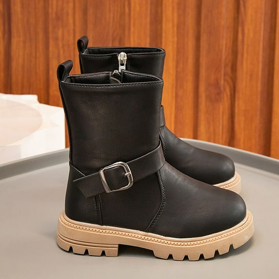 Girls Boots,Boots Children Fashion Thick Heel Sole Mid Calf Comfortable Soft Sole for Kids,Toddler Boots,Z01 Black,9-9.5 Years