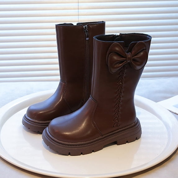 Girls Boots,Boots Girls Mid Calf Punk Side Zipper Lined Leather for and Kids,Toddler Boots,Z03 Brown,5-5.5 Years