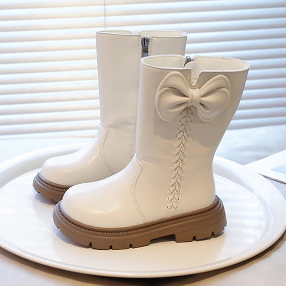 Girls Boots,Boots Girls Mid Calf Punk Side Zipper Lined Leather for Teens and Kids,Toddler Boots,Z03 White,6-6.5 Years