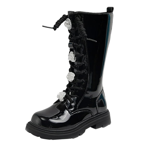 Girls Boots Children High Sleeve Leather Footwear with Camellia Flower Design and Convenient Side Zipper for Fashionable Little Ones