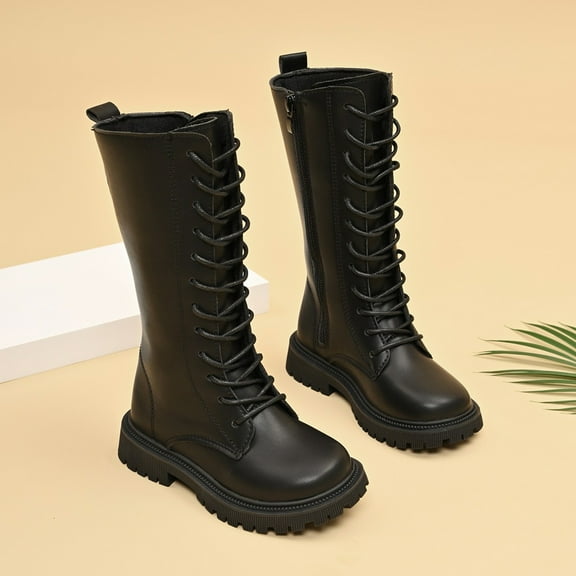 Girls Boots,Children Leather Boots Fashionable Flat for Girls Soft Sole Comfortable Boots for Wear,Knee High Black Boots,12 Black,4.5-5 Years