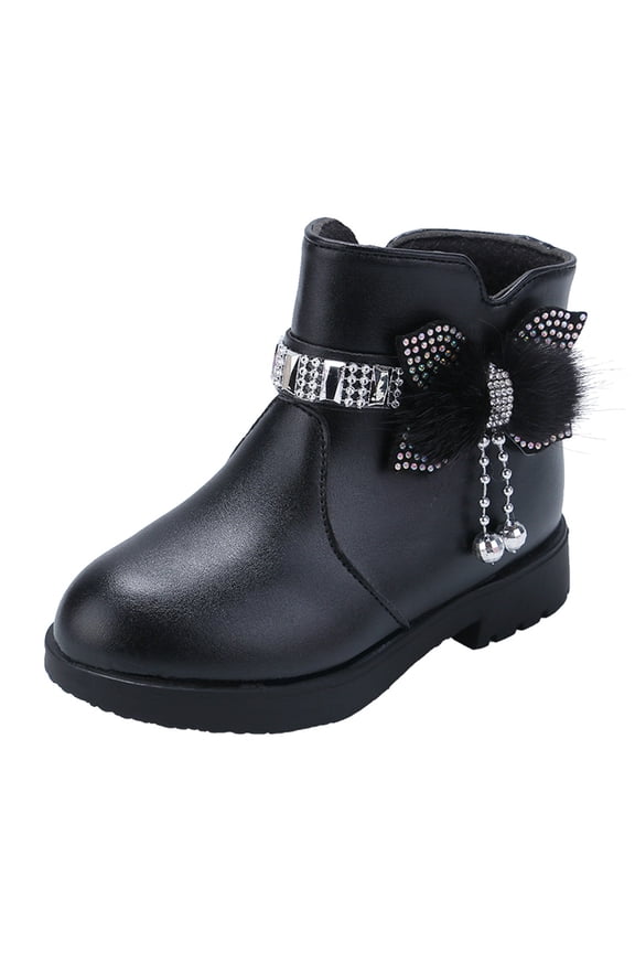 Girls Boots Children Shoes Thick Heel Short Boots Warm Leather Boots Bow Cotton Shoes Warm Boots Toddler Boots Black 13