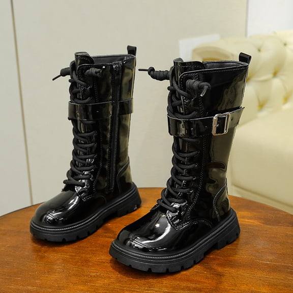 Girls Boots,Fashion Autumn Children Girls Sports Shoes Flat Thick Bottom Non Easy To Wear PU Upper Comfortable Boots,Kids Hiking Boots,02 Black,4-4.5 Years