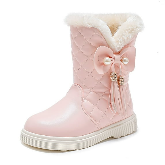 Girls Boots Girls' Autumn And Winter Snow Boots Thick Soles Non Warm Comfortable Solid Color Bow Boots Pink 6 Years-7 Years