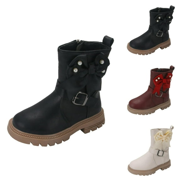 Girls Boots Girls Combat Boots Fashionable Mid Length Girls Boots with Thick Heels and Pearl Bow for Children – Stylish Thick Soled Short Boots