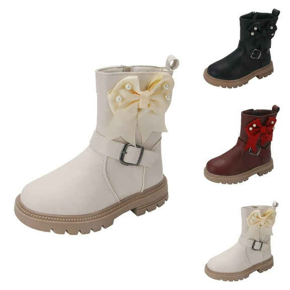 Girls Boots Girls Combat Boots Fashionable Mid Length Girls Boots with Thick Heels and Pearl Bow for Children – Stylish Thick Soled Short Boots