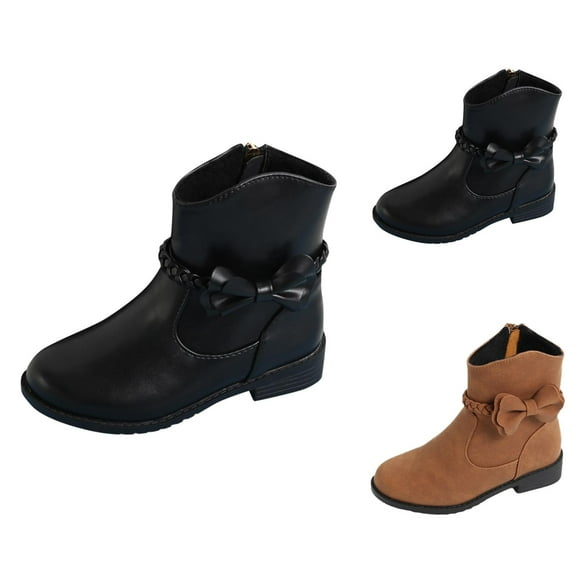 Girls Boots Girls Fall Boots Girls Boots Stylish Bow Braided Zip Side Western Ankle Booties for Kids Low Heel Riding Footwear