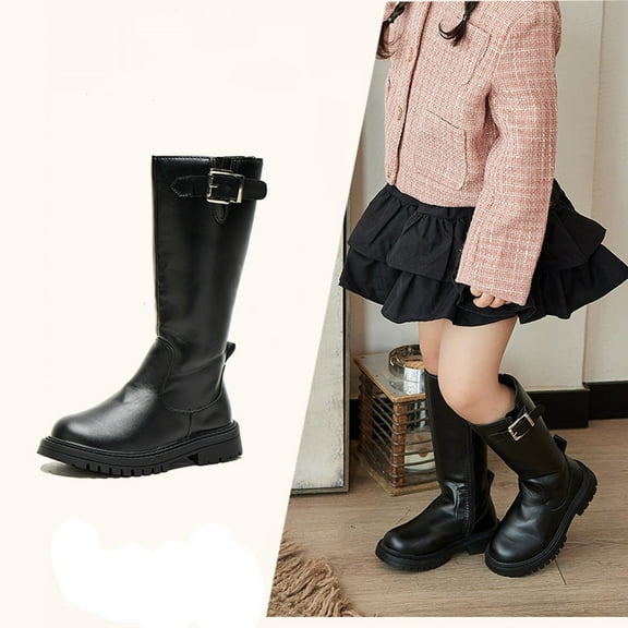Girls Boots,Girls Knee High Boots Fashion Soft Sole for Kids Versatile Long Leather Boots for Performance,Kids Winter Boots,02 Black,8.5-9 Years