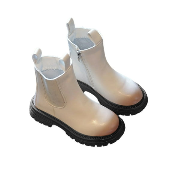Girls Boots Glitter Pearl Chain Fashion British Style Short Leather Ankle Boots for Big Kids in Fall and Winter Platform Boots(Color:Beige,Size:4.5-5 Years)