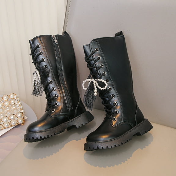 Girls Boots,Kids Play Shoes Autumn Fashion for Children Flat Bottom PU Comfortable Boots for Outdoor,Tall Black Boots,04 Black,8-9 Years