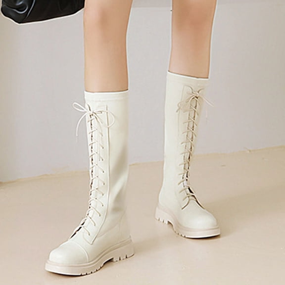 Girls Boots Knee High,Girls Boots Lace Up Riding Mid Calf for Children PU Leather Side Zipper Boots for Punk,Toddler Girl Black Boots,02 White,13.5-14 Years