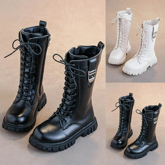 Girls Boots Size 13 White Combat Boots for Girls with Side Zipper Lace-Up Knee-High Lug Sole Dress/School Boots – Toddler/Little/Big Kids 4-12 Years