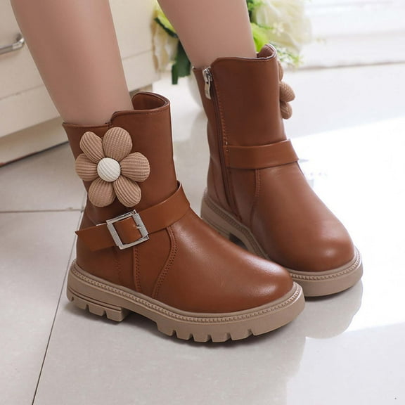 Girls Boots Waterproof Bowknot Side Zipper Trendy Casual Cute Comfortable Chunky Mid Calf Warm Winter Fur Lined Tall Boots for Toddler/Little Kid
