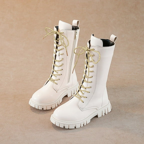 Girls Boots, White Boots for Girls, Leather Combat Riding Boot Side Zipped Punk Goth Boot (White 11-11.5 Years)