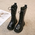 thumbnail image 1 of Girls Boots Winter Lace Up Side Zipper PU Leather Riding Boots Mid Calf Waterproof Princess Boot (Black 4.5-5 Years), 1 of 3