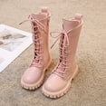 thumbnail image 1 of Girls Boots Winter Lace Up Side Zipper PU Leather Riding Boots Mid Calf Waterproof Princess Boot (Pink 8-9 Years), 1 of 4