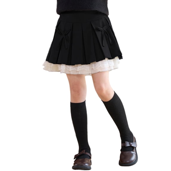 Girls Bow Decor Pleated Skirt -School Uniform A-Line Mini Skirt - Fashion Elastic Waist Lace Performance Skorts,9-10 Years