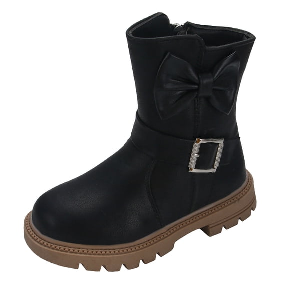 Girls Bow Decorate Ankle Boots, Lace Up Side Zipper Platform Booties, Round Toe Flat Sole PU Leather Non- Kids Fashion Boots