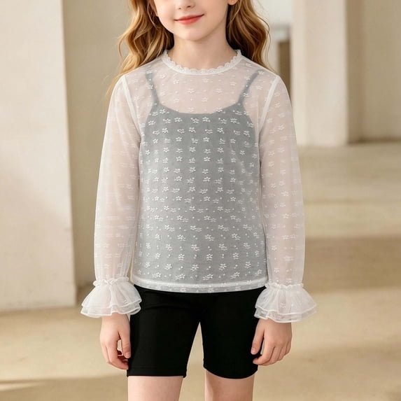 Girls' Bow Embroidery Lace Mesh Layering Top Long Sleeve Flared Cuff Lightweight Sheer Cover Up for Cute Matching 2-11 Years White b 3-4 Years
