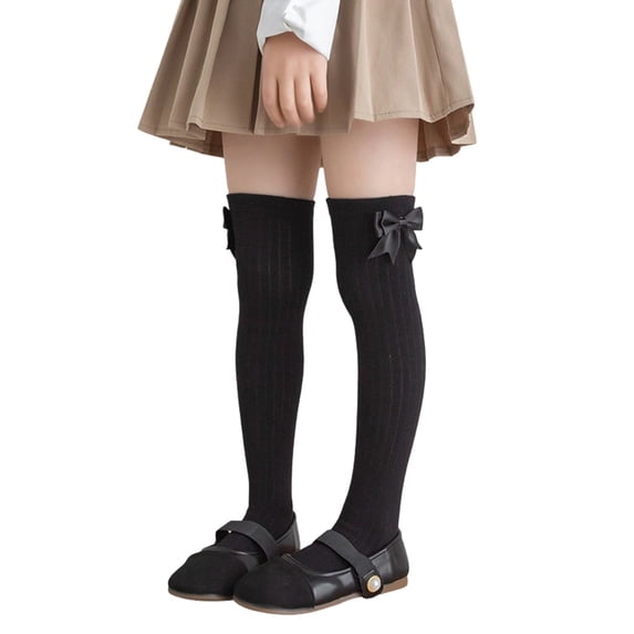 Girls Bow Knee High Socks Vertical Ribbed Cotton Long Stockings Soft Stretchy School Uniform Socks for Kids Daily Wear Party Dressy Outfits(3-8 Years,Black)