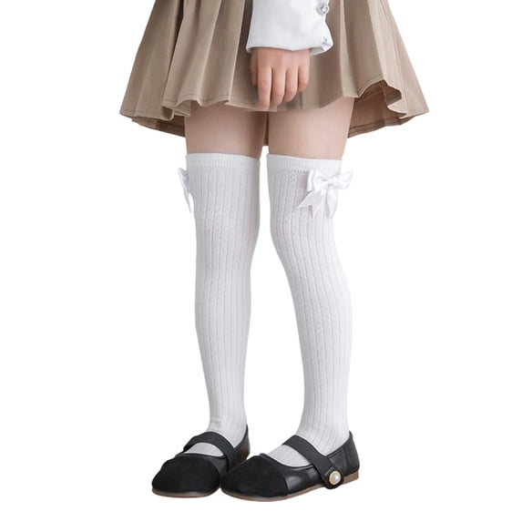 Girls Bow Knee High Socks Vertical Ribbed Cotton Long Stockings Soft Stretchy School Uniform Socks for Kids Daily Wear Party Dressy Outfits(3-8 Years,White)