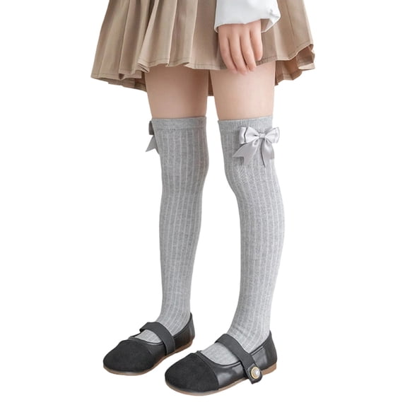 Girls Bow Knee High Socks Vertical Ribbed Cotton Long Stockings Soft Stretchy School Uniform Socks for Kids Daily Wear Party Dressy Outfits(4-12 Years,Grey)