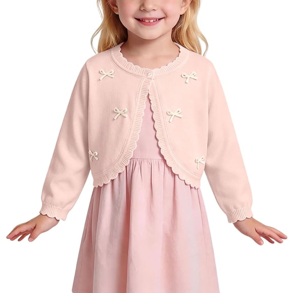 Girls Bow Knit Cardigan, Long Sleeve Cropped Sweater With Scalloped Hem, Cute Button Down Knitwear For Kids Beige 90