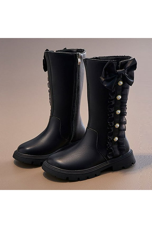 Girls Bow Knot Barrel Boots Soft Leather Casual Fashion Shoes for Fall and Winter