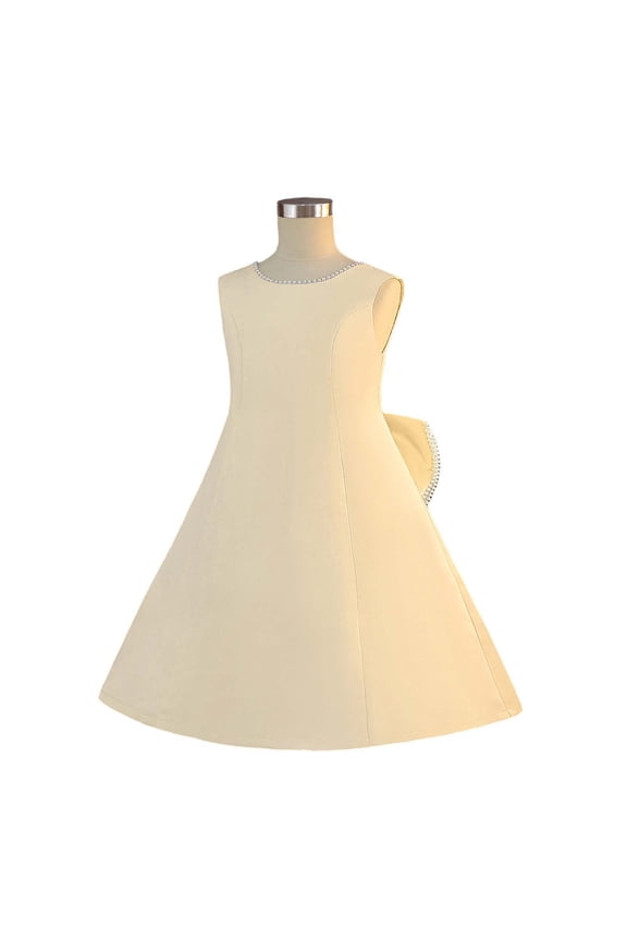 Girls Bow Knot Tank Midi Dresses Crew Neck Sleeveless Strappy Back A Line Dress Kids Backless Fashion Holiday Party Summer Dresses