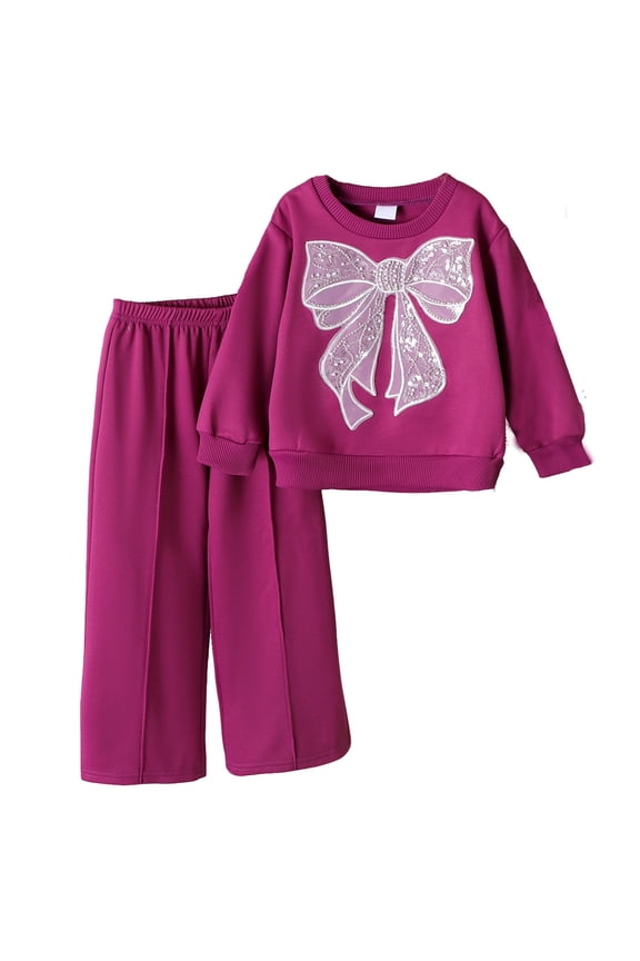 Girls' Bow Pantsuit: Bow-Decorated Purple Long-Sleeve Top Casual Pants Purple 3 Y-4 Y
