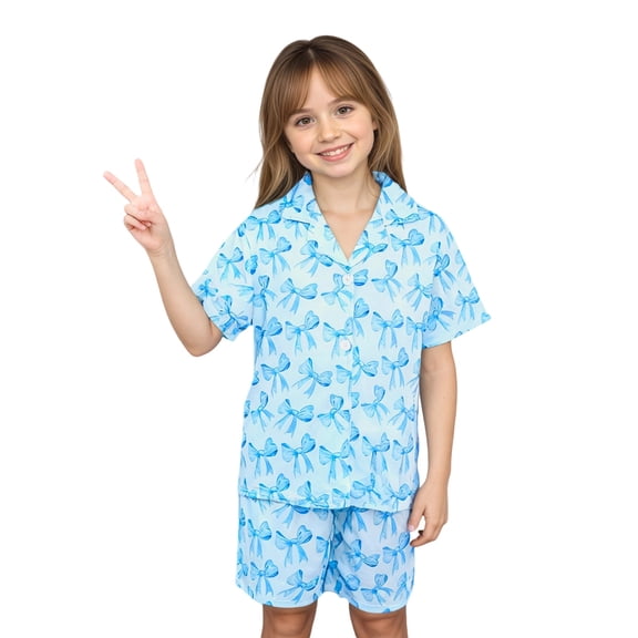 Girls Bow Print Homewear Outfit Short Sleeve Bow Tie Shirts Soft Shorts Milk Silk Pajama Kids Sleepwear