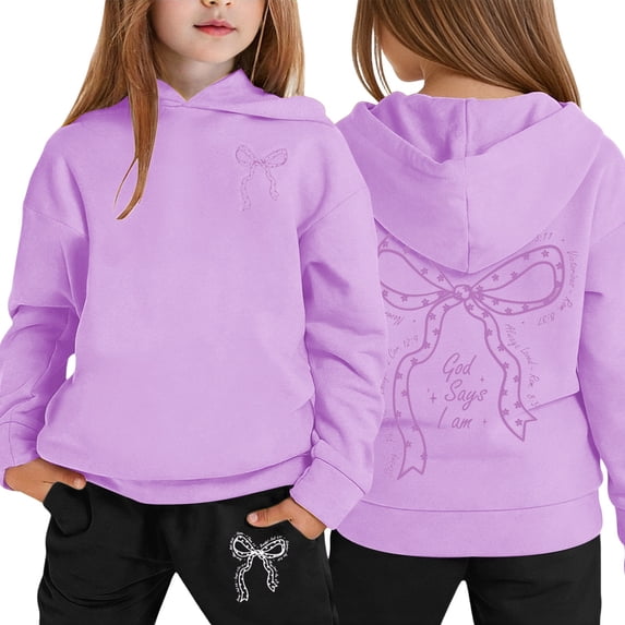 Girls Bow Print Jogging Suits Sweatsuits 2 Piece Set Oversized Hoodie and Sweatpants Kids Fall Winter Clothes Light Purple 5 Years-6 Years