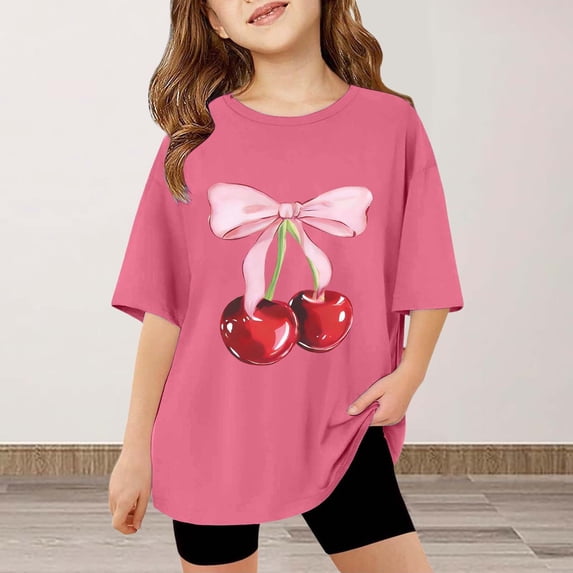 Girls Bow Print Knot Tie Short Sleeve Graphic Tee, Casual Summer Top,130