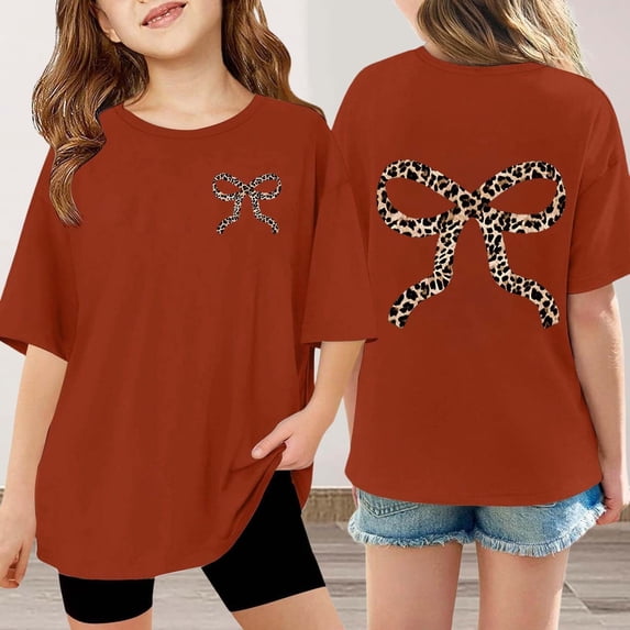 Girls Bow Print Knot Tie Short Sleeve Graphic Tee, Casual Summer Top,150