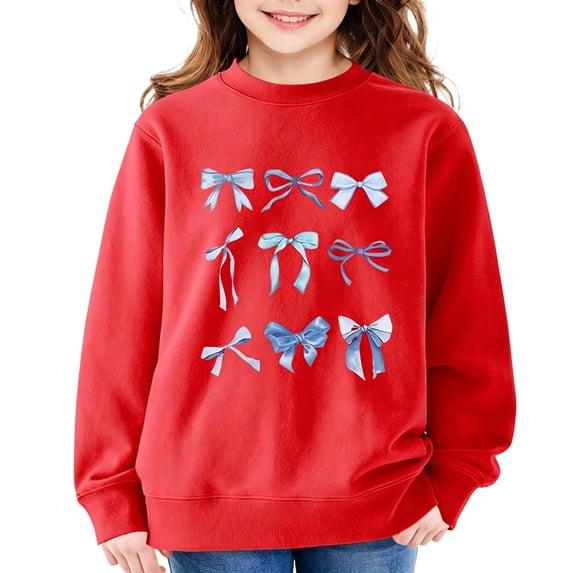Girls Bow Print Sweatshirt Cute Long Sleeve Pullover Top for Kids Teens Fleece Lined Crew Neck Sweatshirts Casual Wear 2-3 Years Red