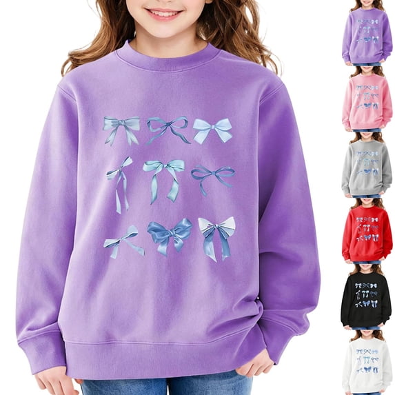 Girls Bow Print Sweatshirt Cute Long Sleeve Pullover Top for Kids Teens Fleece Lined Crew Neck Sweatshirts Casual Wear 3-4 Years Purple