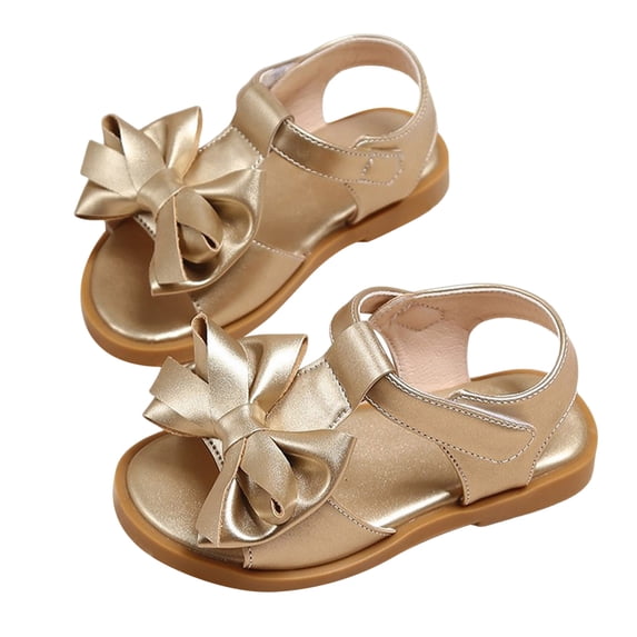 Girls Bow Sandals Open Toe T-Strap Sweet Flower Girl Flat Shoes Soft Footbed Summer Princess Dress Shoes Gold 8.5 Toddler