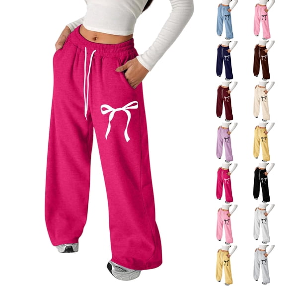 Girls Bow Sweatpants Baggy Straight Wide Leg School Pants Elastic Waist Outdoor Drawstring Joggers with Pockets Navy 120