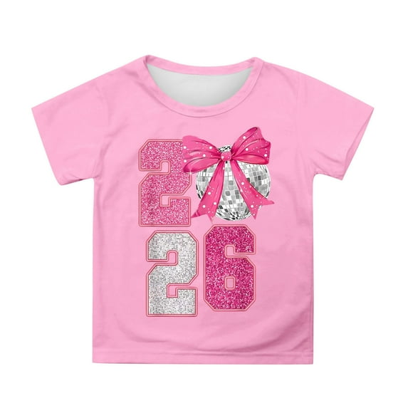 Girls Bow Top 2026 Digital Element New Year Print Short Sleeve Casual T Shirt Pink 8 Y-9 Y