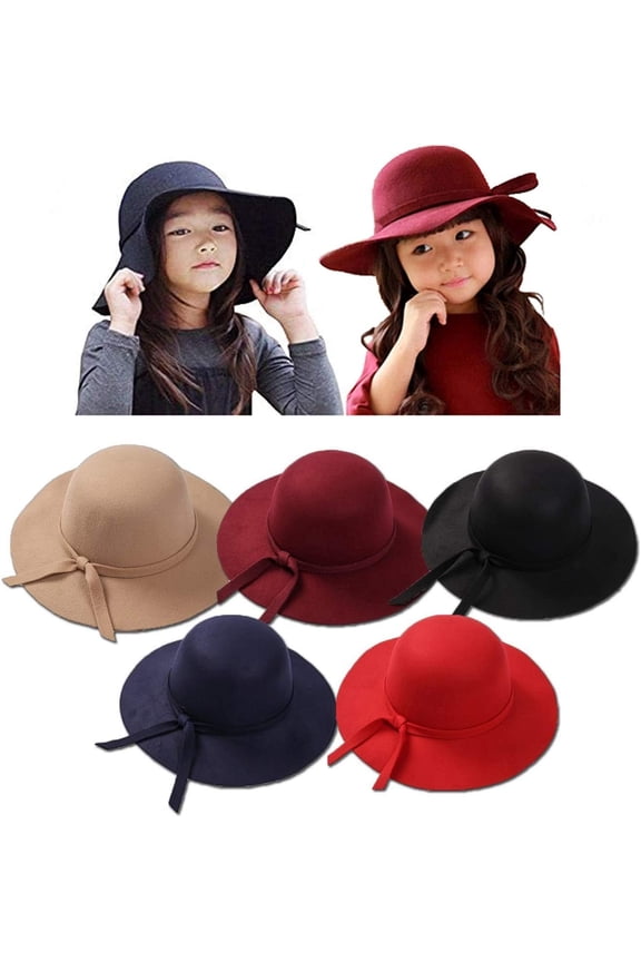 Girls Bow Wide Brim Felt Bowler Hat Photography Prop Bucket Hat Beach Sun Protect Caps 2-8T